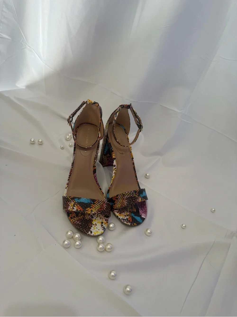 Madden Girl Multicolor Snake-Print Ankle Strap Block Heels